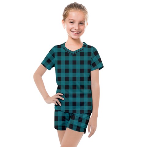 Teal Black Buffalo Plaid Kids  Mesh Tee And Shorts Set by SpinnyChairDesigns