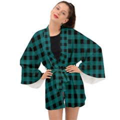 Teal Black Buffalo Plaid Long Sleeve Kimono by SpinnyChairDesigns