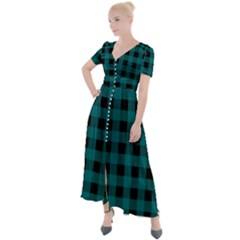 Teal Black Buffalo Plaid Button Up Short Sleeve Maxi Dress by SpinnyChairDesigns