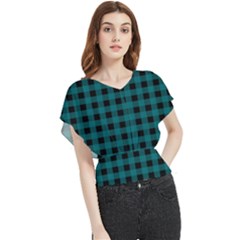 Teal Black Buffalo Plaid Butterfly Chiffon Blouse