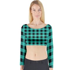 Turquoise Black Buffalo Plaid Long Sleeve Crop Top by SpinnyChairDesigns