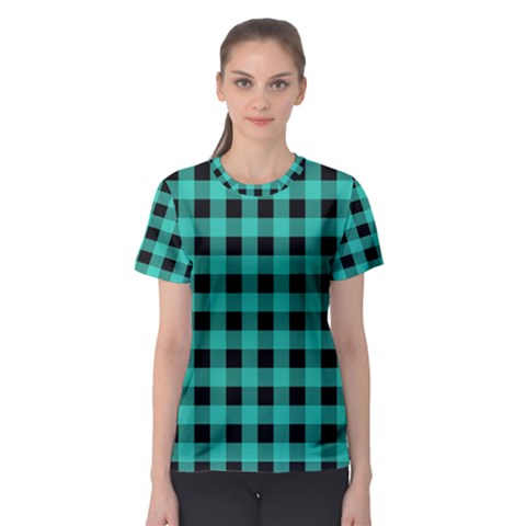 Turquoise Black Buffalo Plaid Women s Sport Mesh Tee by SpinnyChairDesigns