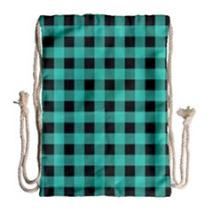 Turquoise Black Buffalo Plaid Drawstring Bag (large) by SpinnyChairDesigns