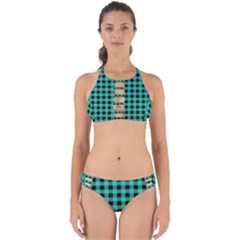 Turquoise Black Buffalo Plaid Perfectly Cut Out Bikini Set by SpinnyChairDesigns