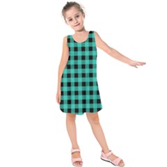 Turquoise Black Buffalo Plaid Kids  Sleeveless Dress by SpinnyChairDesigns