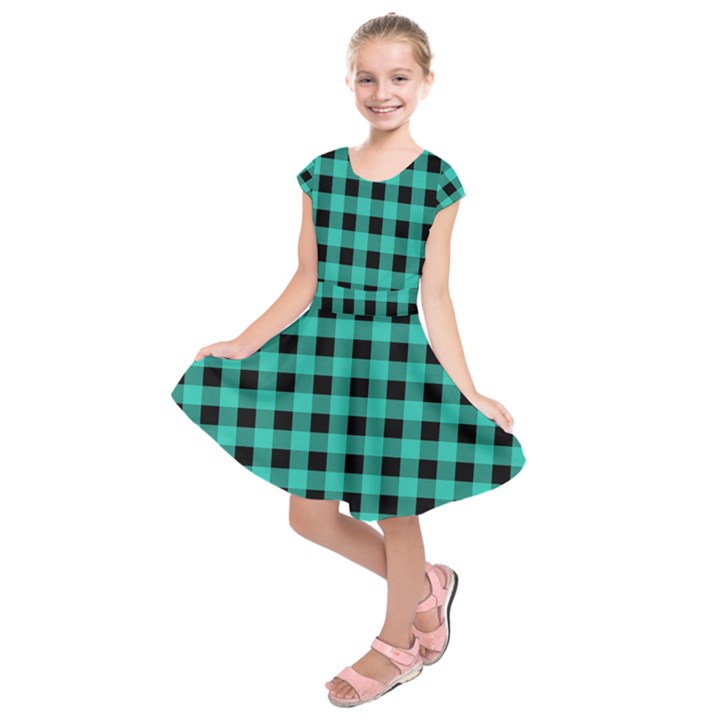 Turquoise Black Buffalo Plaid Kids  Short Sleeve Dress