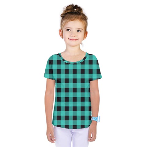 Turquoise Black Buffalo Plaid Kids  One Piece Tee by SpinnyChairDesigns