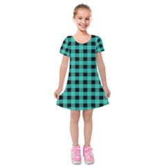 Turquoise Black Buffalo Plaid Kids  Short Sleeve Velvet Dress by SpinnyChairDesigns