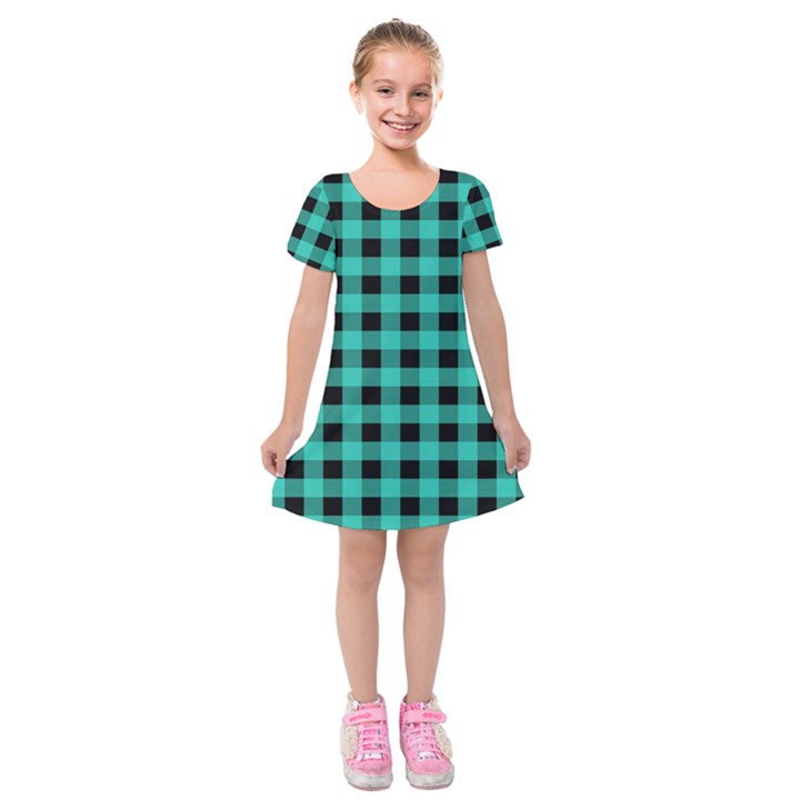 Turquoise Black Buffalo Plaid Kids  Short Sleeve Velvet Dress