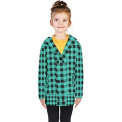 Turquoise Black Buffalo Plaid Kids  Double Breasted Button Coat by SpinnyChairDesigns