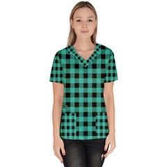 Turquoise Black Buffalo Plaid Women s V-neck Scrub Top by SpinnyChairDesigns