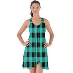 Turquoise Black Buffalo Plaid Show Some Back Chiffon Dress by SpinnyChairDesigns