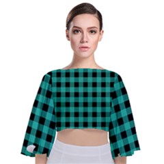 Turquoise Black Buffalo Plaid Tie Back Butterfly Sleeve Chiffon Top by SpinnyChairDesigns