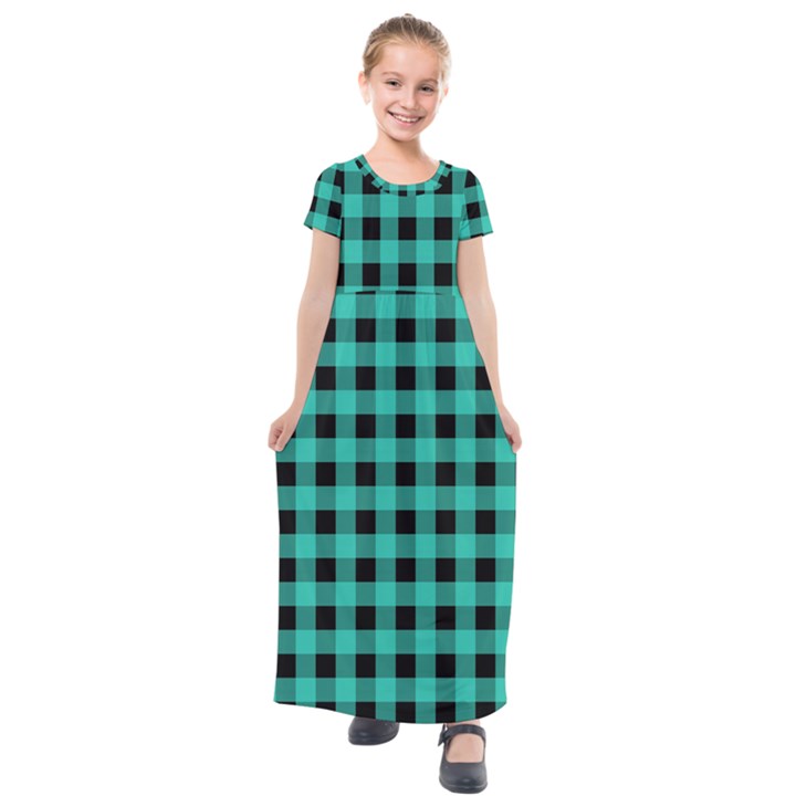 Turquoise Black Buffalo Plaid Kids  Short Sleeve Maxi Dress