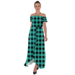 Turquoise Black Buffalo Plaid Off Shoulder Open Front Chiffon Dress by SpinnyChairDesigns