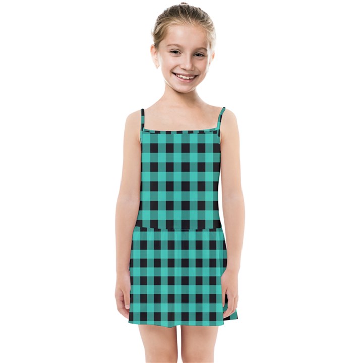 Turquoise Black Buffalo Plaid Kids  Summer Sun Dress