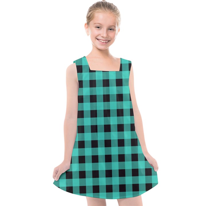 Turquoise Black Buffalo Plaid Kids  Cross Back Dress