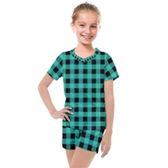 Turquoise Black Buffalo Plaid Kids  Mesh Tee And Shorts Set