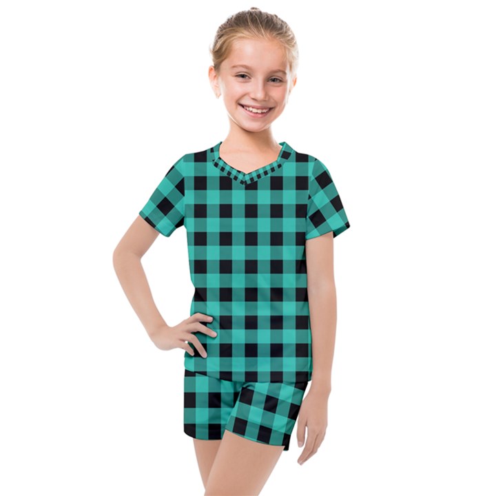 Turquoise Black Buffalo Plaid Kids  Mesh Tee and Shorts Set