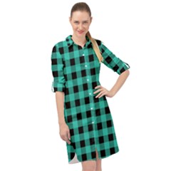 Turquoise Black Buffalo Plaid Long Sleeve Mini Shirt Dress by SpinnyChairDesigns