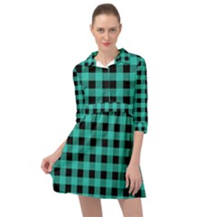 Turquoise Black Buffalo Plaid Mini Skater Shirt Dress by SpinnyChairDesigns