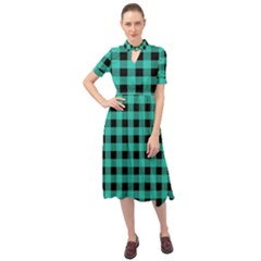 Turquoise Black Buffalo Plaid Keyhole Neckline Chiffon Dress by SpinnyChairDesigns