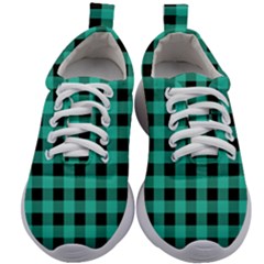 Turquoise Black Buffalo Plaid Kids Athletic Shoes by SpinnyChairDesigns