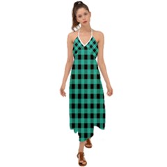 Turquoise Black Buffalo Plaid Halter Tie Back Dress  by SpinnyChairDesigns