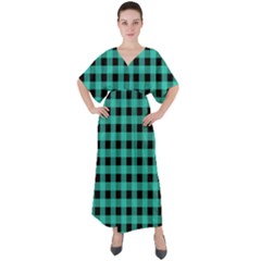 Turquoise Black Buffalo Plaid V-neck Boho Style Maxi Dress by SpinnyChairDesigns