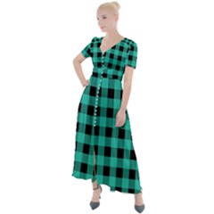 Turquoise Black Buffalo Plaid Button Up Short Sleeve Maxi Dress by SpinnyChairDesigns