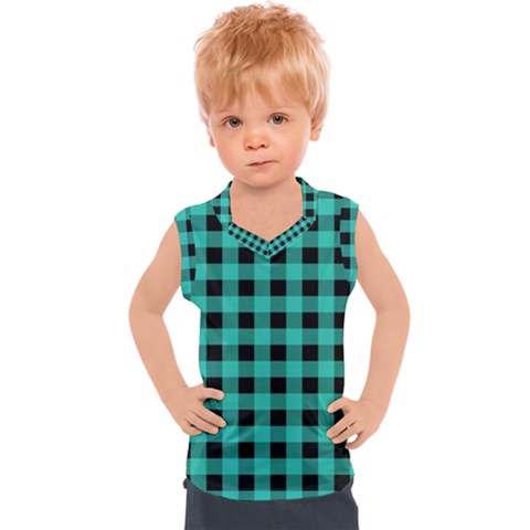 Turquoise Black Buffalo Plaid Kids  Sport Tank Top by SpinnyChairDesigns