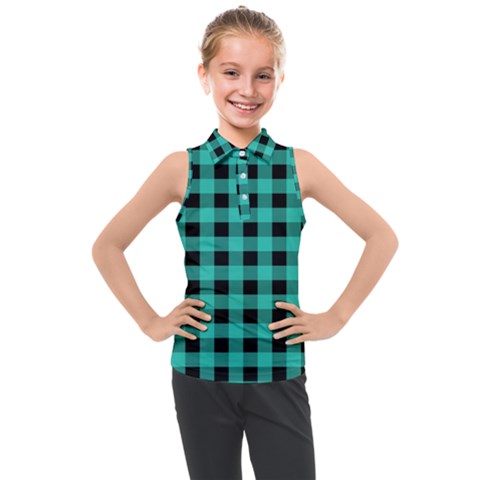 Turquoise Black Buffalo Plaid Kids  Sleeveless Polo Tee by SpinnyChairDesigns