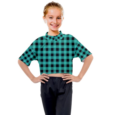 Turquoise Black Buffalo Plaid Kids Mock Neck Tee by SpinnyChairDesigns