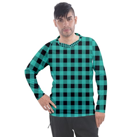 Turquoise Black Buffalo Plaid Men s Pique Long Sleeve Tee by SpinnyChairDesigns