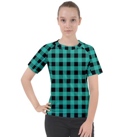 Turquoise Black Buffalo Plaid Women s Sport Raglan Tee by SpinnyChairDesigns