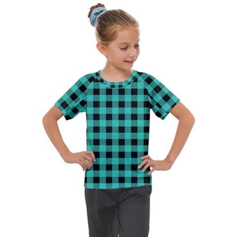 Turquoise Black Buffalo Plaid Kids  Mesh Piece Tee by SpinnyChairDesigns