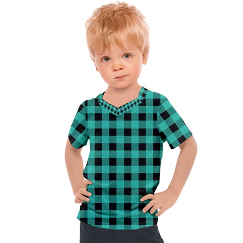 Turquoise Black Buffalo Plaid Kids  Sports Tee by SpinnyChairDesigns