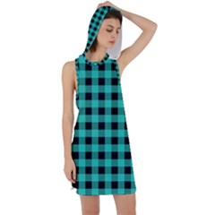 Turquoise Black Buffalo Plaid Racer Back Hoodie Dress