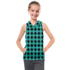 Turquoise Black Buffalo Plaid Kids  Sleeveless Hoodie by SpinnyChairDesigns