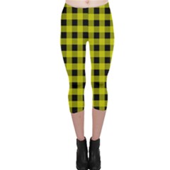 Yellow Black Buffalo Plaid Capri Leggings  by SpinnyChairDesigns