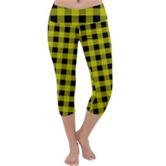 Yellow Black Buffalo Plaid Capri Yoga Leggings by SpinnyChairDesigns