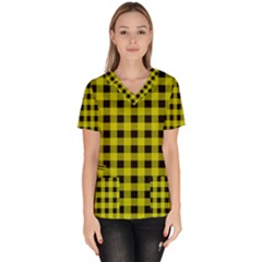 Yellow Black Buffalo Plaid Women s V-neck Scrub Top by SpinnyChairDesigns