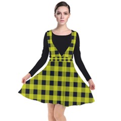 Yellow Black Buffalo Plaid Plunge Pinafore Dress by SpinnyChairDesigns