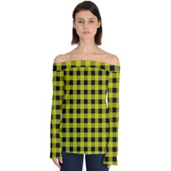 Yellow Black Buffalo Plaid Off Shoulder Long Sleeve Top by SpinnyChairDesigns