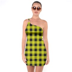 Yellow Black Buffalo Plaid One Soulder Bodycon Dress by SpinnyChairDesigns