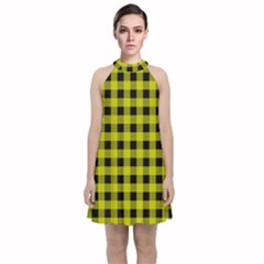 Yellow Black Buffalo Plaid Velvet Halter Neckline Dress 