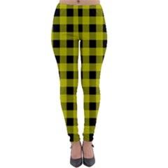 Yellow Black Buffalo Plaid Lightweight Velour Leggings by SpinnyChairDesigns