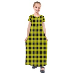 Yellow Black Buffalo Plaid Kids  Short Sleeve Maxi Dress