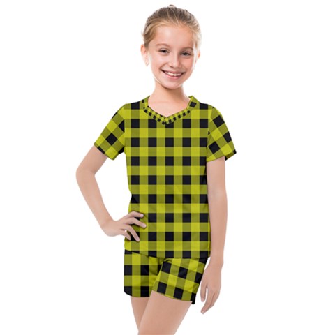 Yellow Black Buffalo Plaid Kids  Mesh Tee And Shorts Set by SpinnyChairDesigns