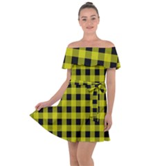 Yellow Black Buffalo Plaid Off Shoulder Velour Dress by SpinnyChairDesigns